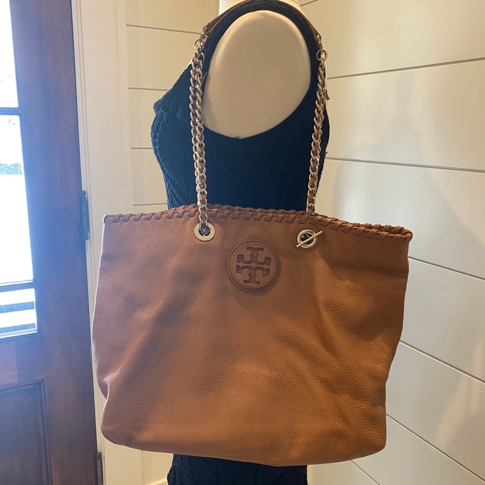 Camel colored leather shoulder bag